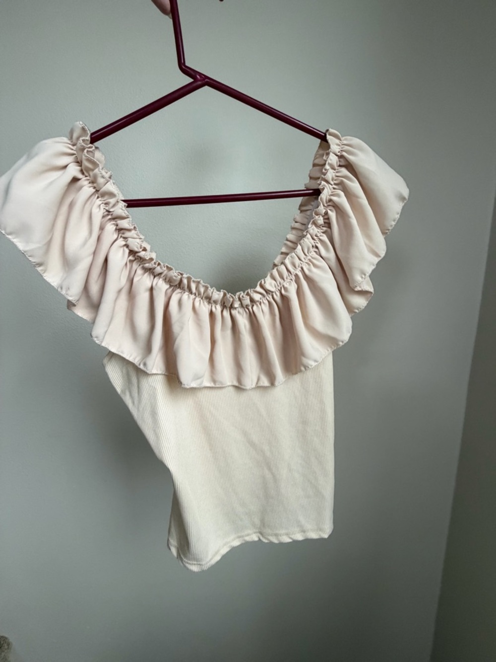 Cream Ruffled Off-Shoulder Tank Top